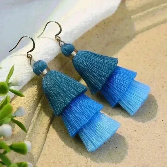B1G1 Boho Blue Tassel Earrings Handmade Layered Fringe Jewelry for Women - Picture 2 of 2